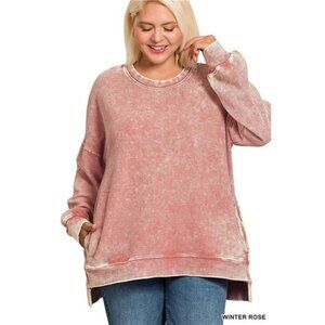 Zenana Full Size Acid Washed Double Ribbed Hi-low Sweatshirt Plus Size